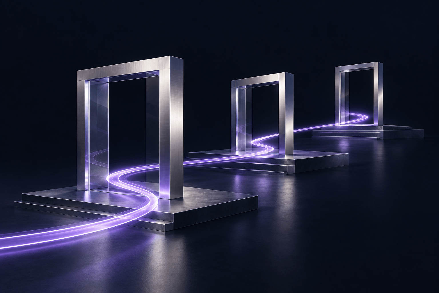 Un chemin lumineux violet traverse trois portes métalliques